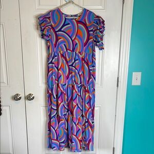 Blue Pink Puff Sleeve Sundress with Crew Neck